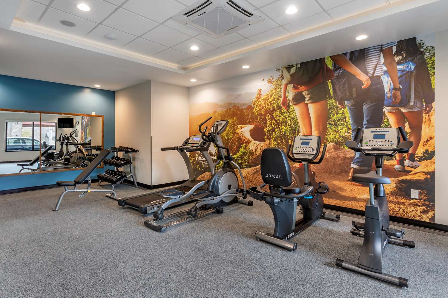 Fitness center with treadmill and weights